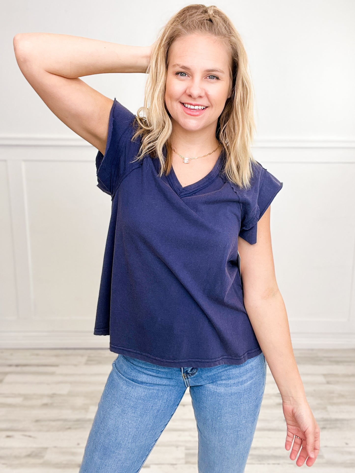 V-Neck Ruffle Short Sleeve Solid Basic Cotton Top