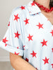 Short Sleeve Light Blue with Stars Collared V-Neck Top