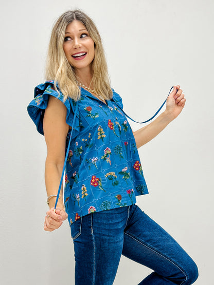 Floral Print Tiered Flutter Sleeves with Tie Neckline