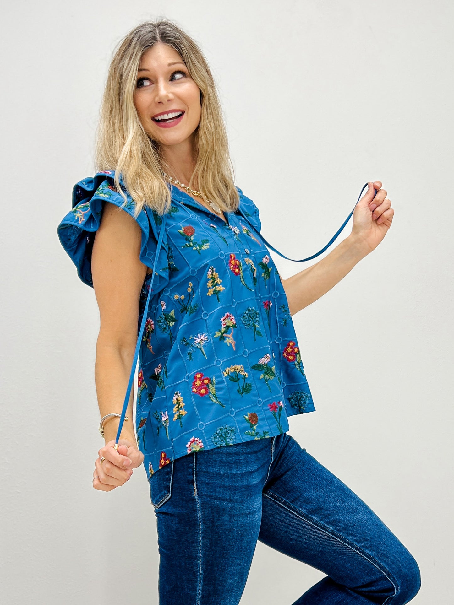 Floral Print Tiered Flutter Sleeves with Tie Neckline