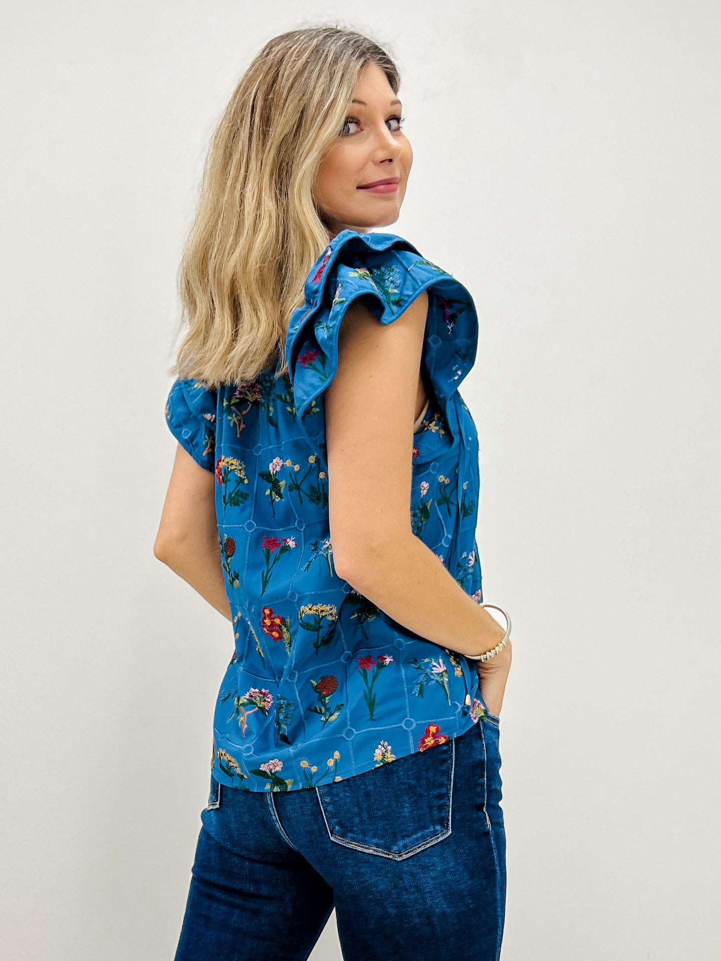 Floral Print Tiered Flutter Sleeves with Tie Neckline