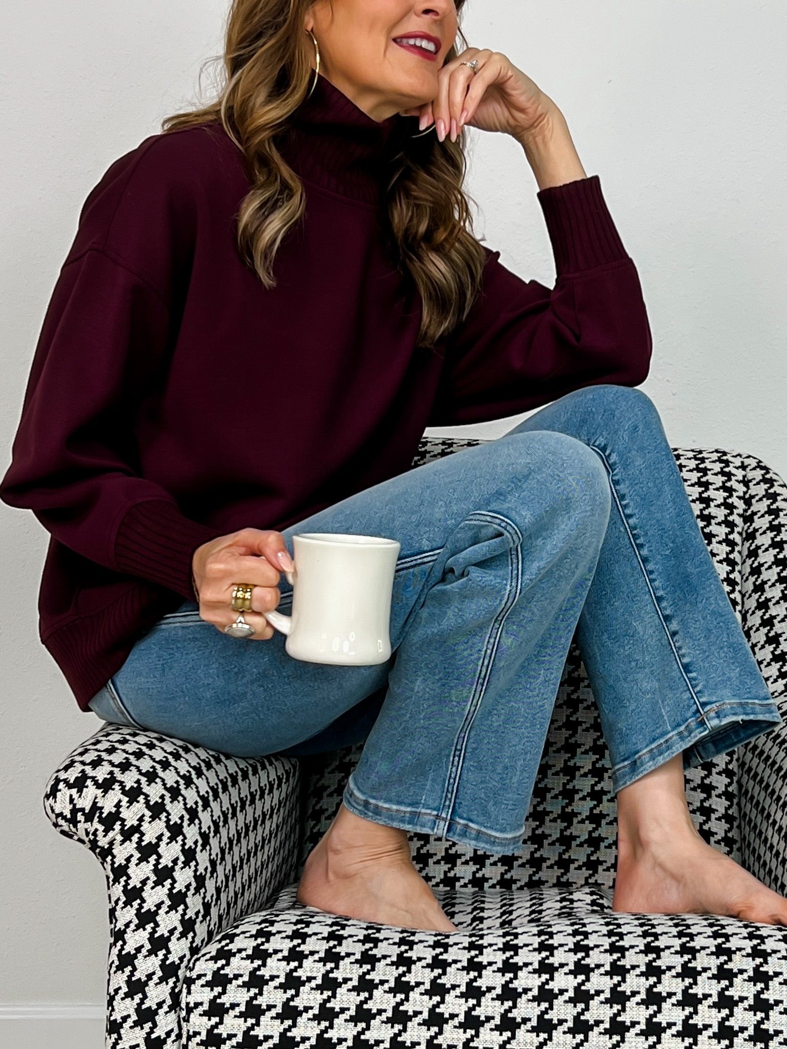 Modal Scuba Ribbed Mock Neck Pullover in Dark Cherry