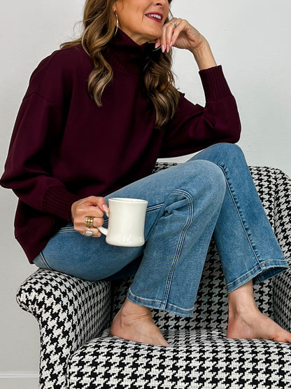 Modal Scuba Ribbed Mock Neck Pullover in Dark Cherry