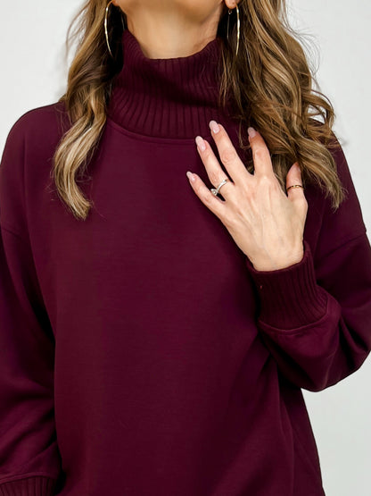 Modal Scuba Ribbed Mock Neck Pullover in Dark Cherry