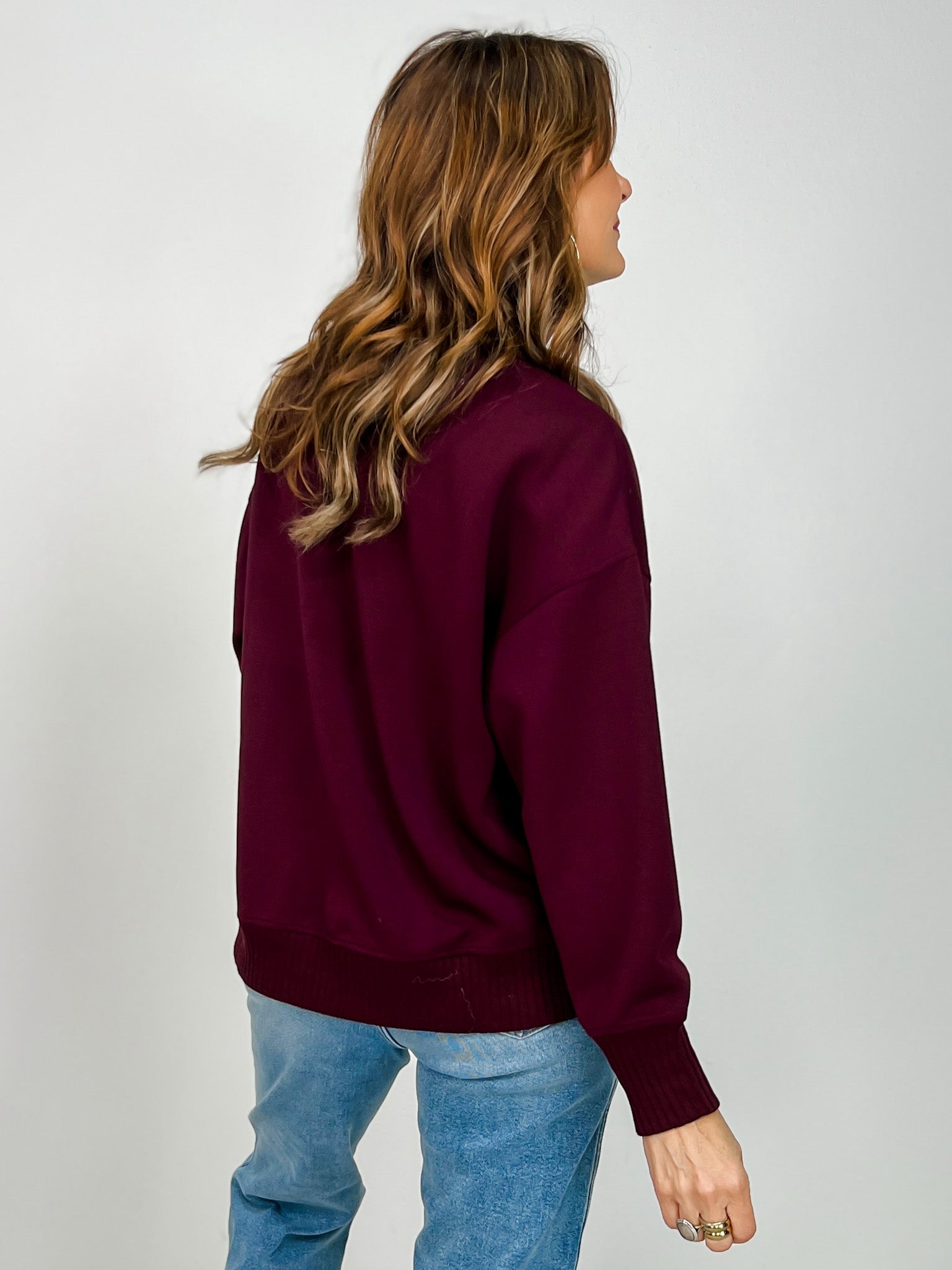 Modal Scuba Ribbed Mock Neck Pullover in Dark Cherry