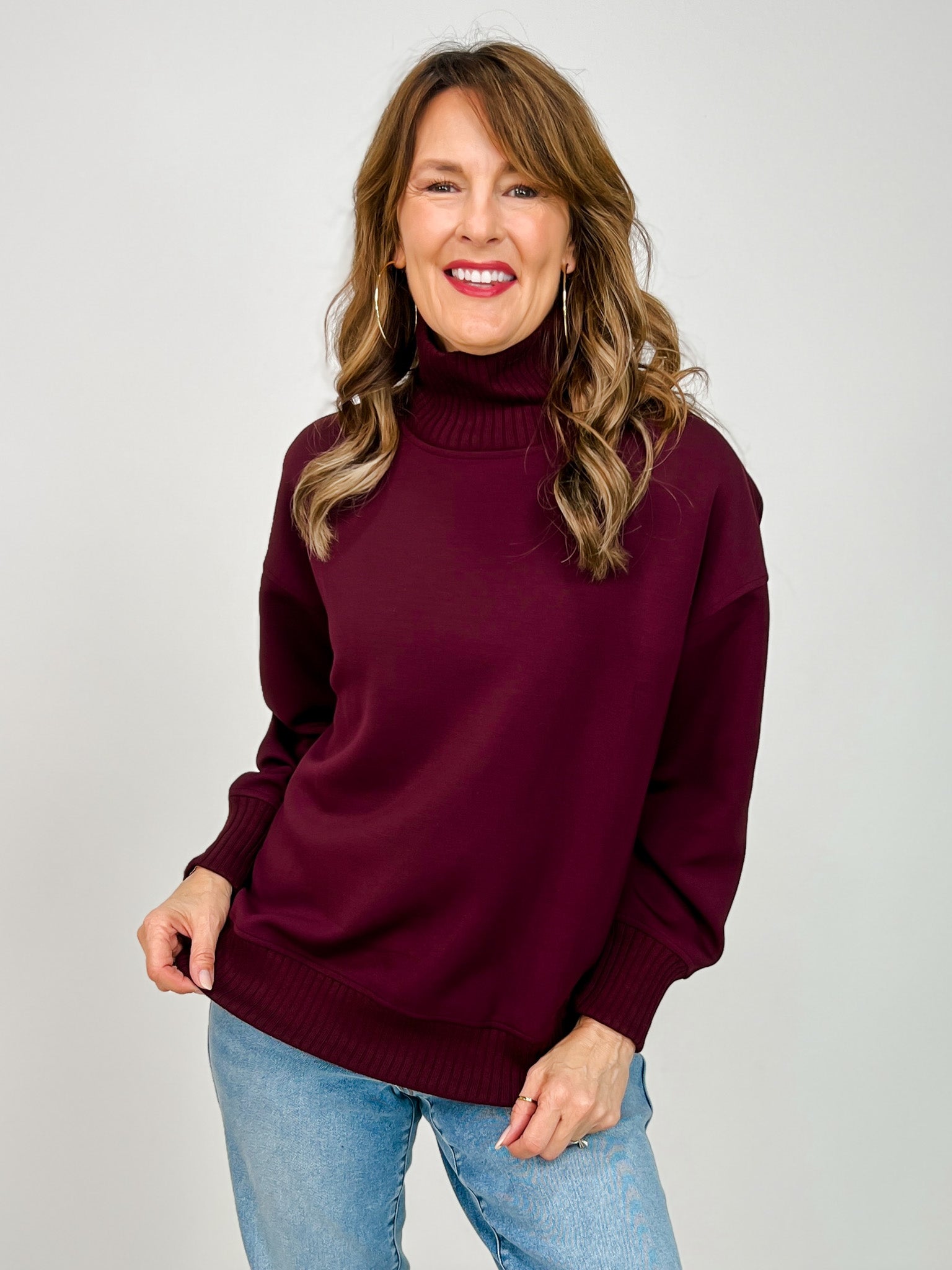 Modal Scuba Ribbed Mock Neck Pullover in Dark Cherry
