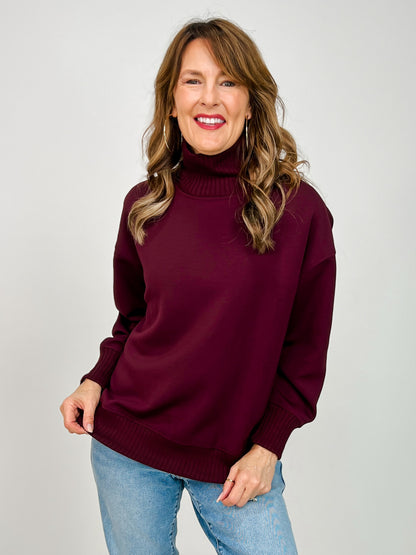 Modal Scuba Ribbed Mock Neck Pullover in Dark Cherry