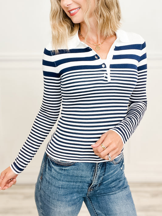 Striped Collared Long Sleeve Polo Sweater Top