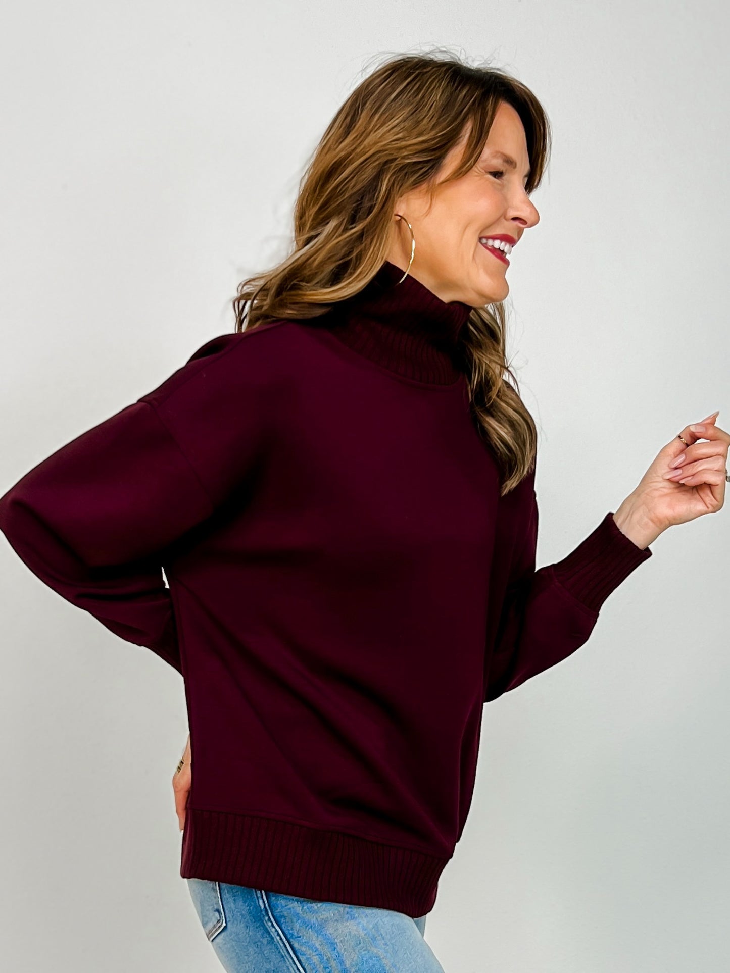 Modal Scuba Ribbed Mock Neck Pullover in Dark Cherry