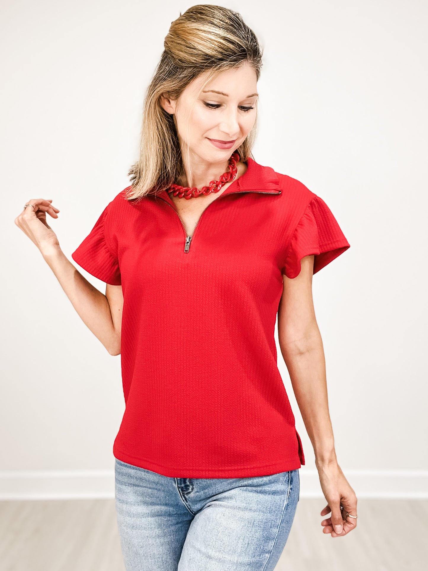 Quarter Zip Top with Collar and Flutter Sleeves