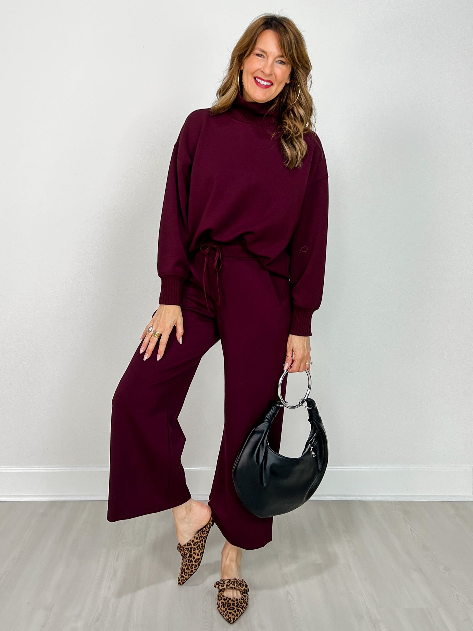 Modal Scuba Ribbed Mock Neck Pullover in Dark Cherry