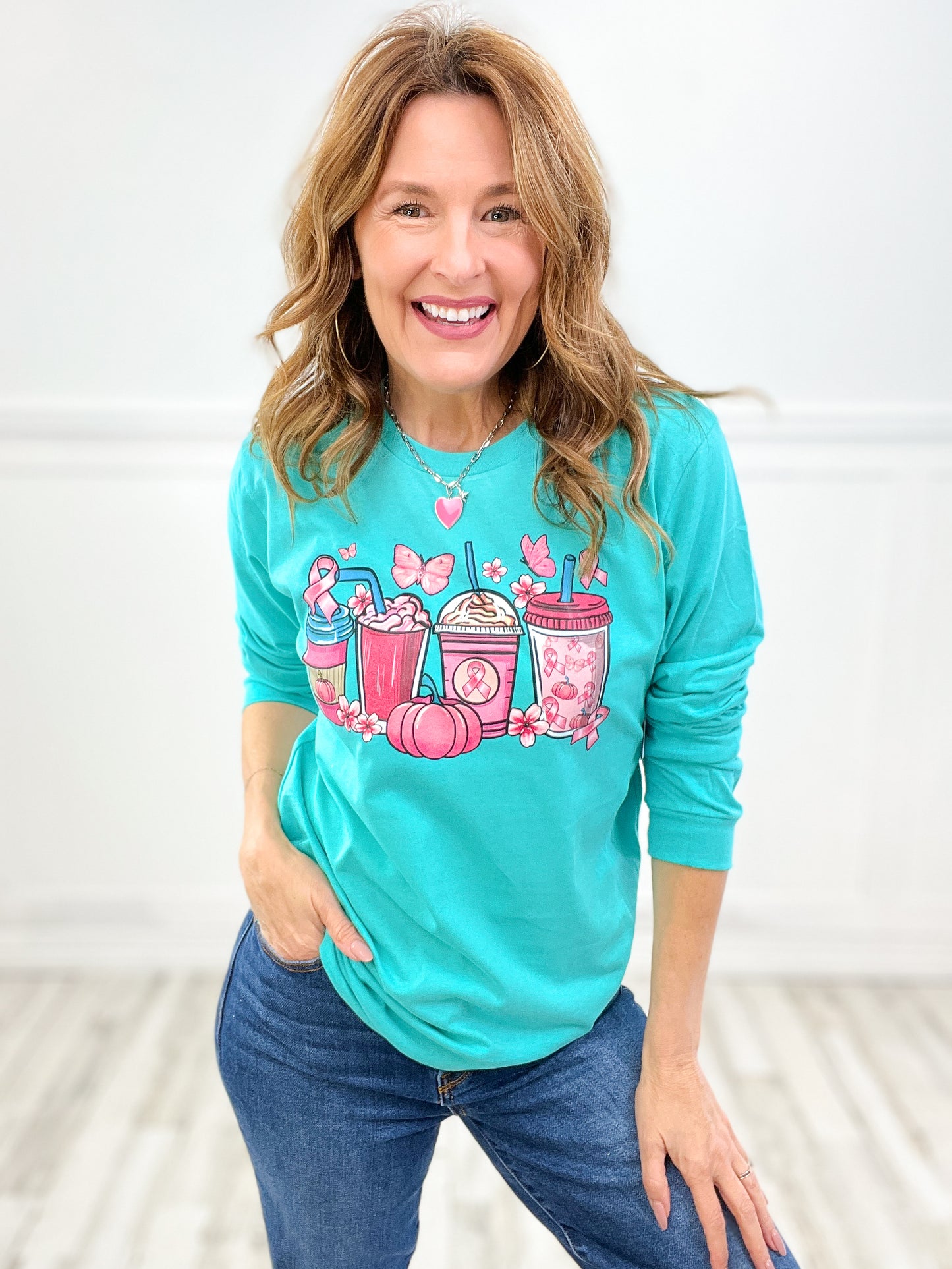 Breast Cancer Awareness Coffee Long Sleeve Graphic Tee