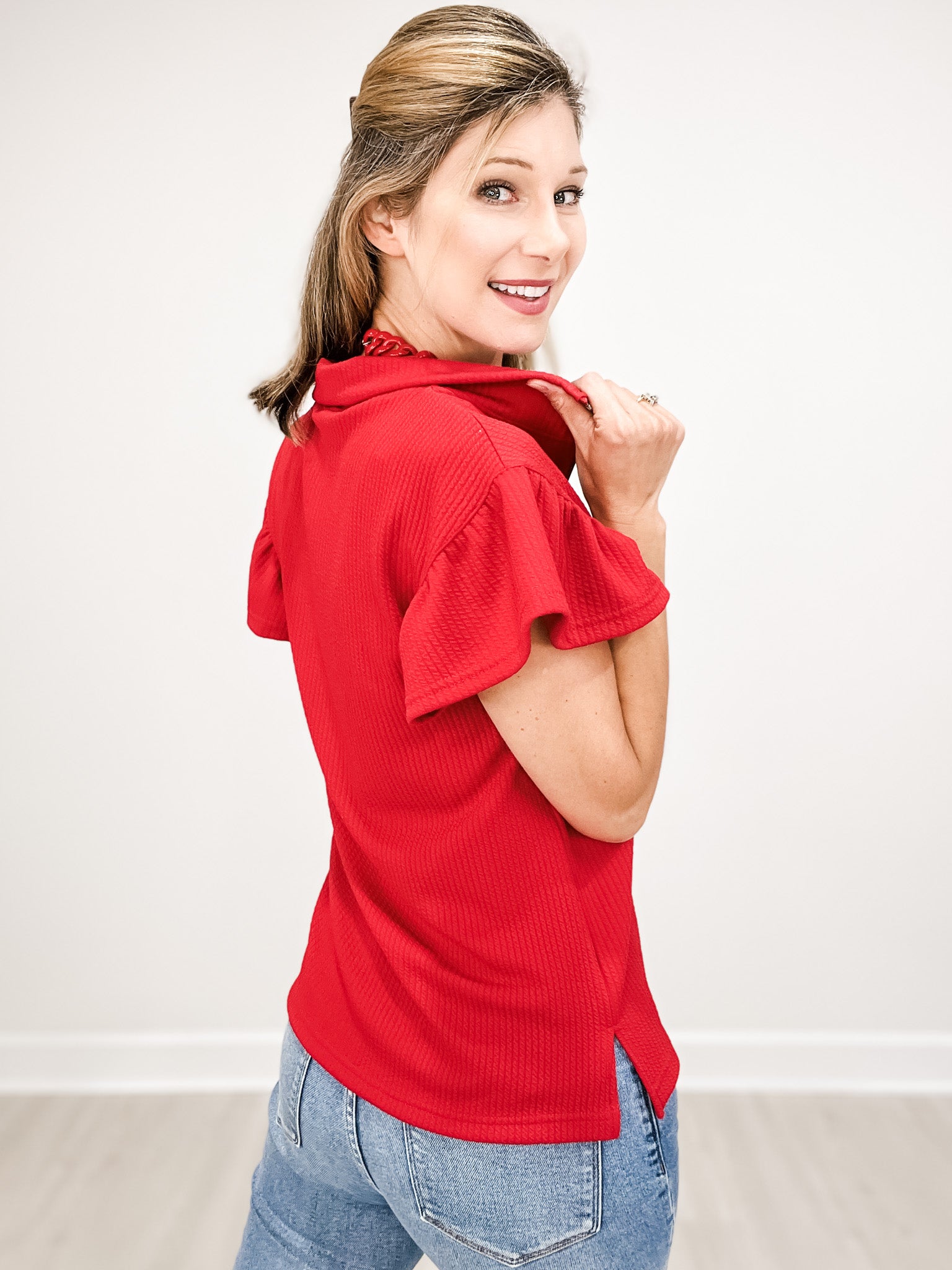 Quarter Zip Top with Collar and Flutter Sleeves