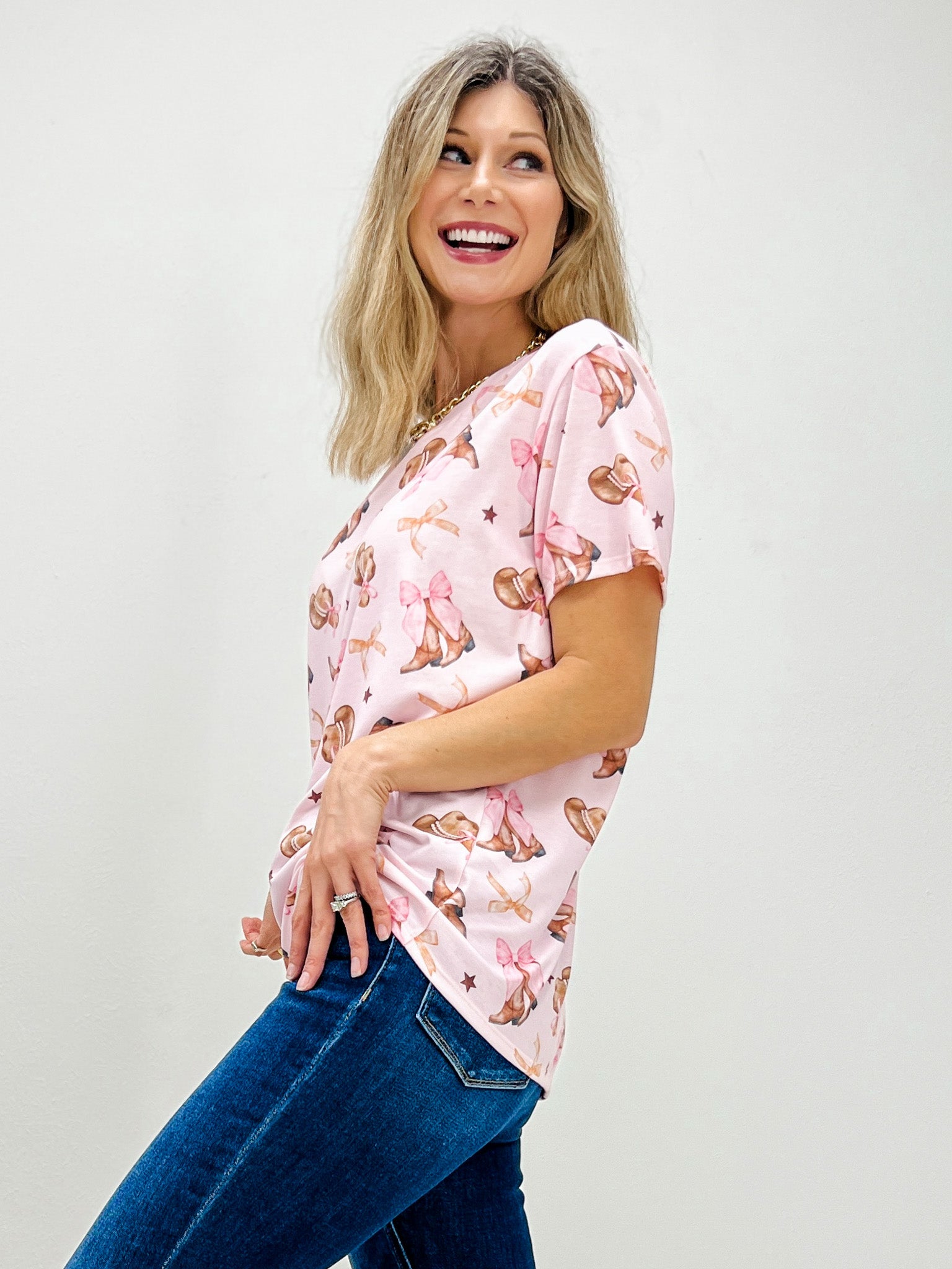 Western Boots Bow Print Short Sleeve Top