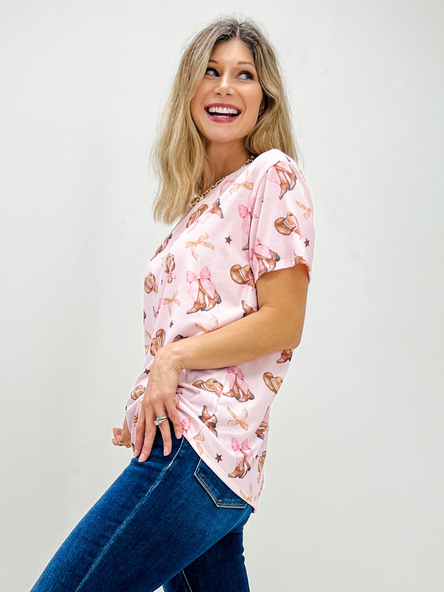 Western Boots Bow Print Short Sleeve Top