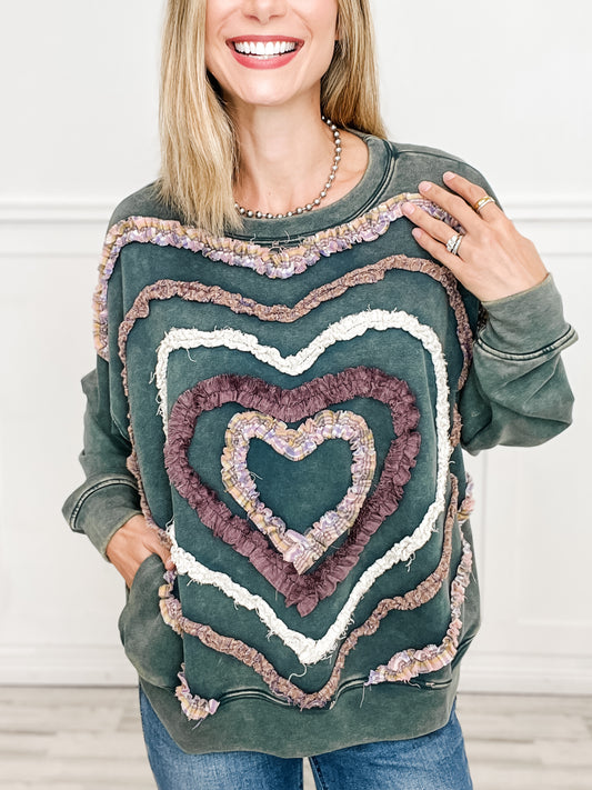 Long Sleeve Vintage Wash Heart Pullover Top