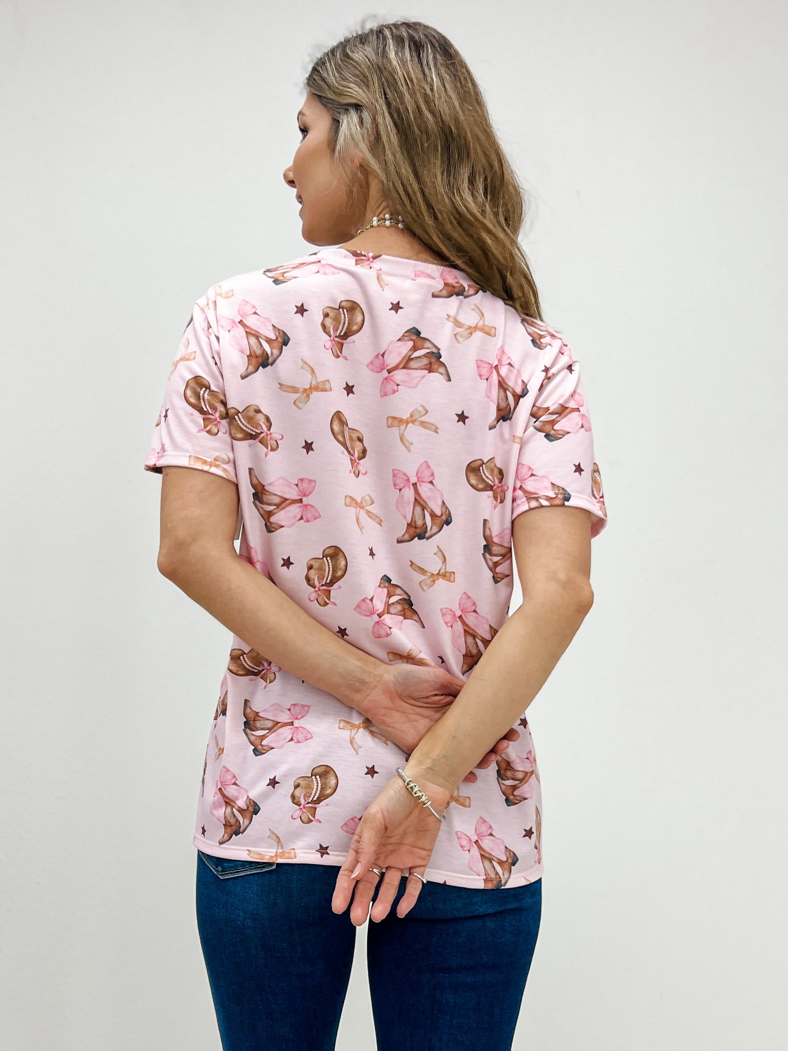 Western Boots Bow Print Short Sleeve Top