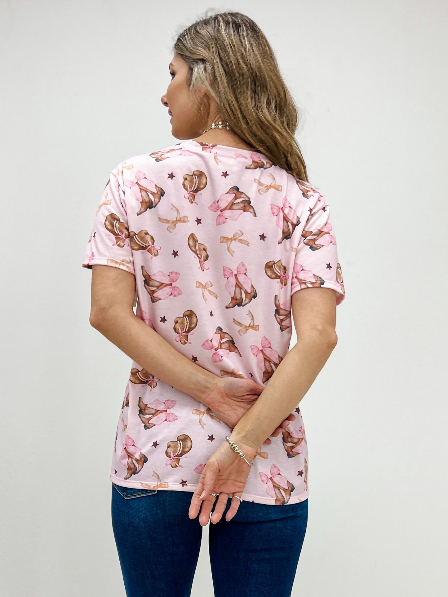 Western Boots Bow Print Short Sleeve Top