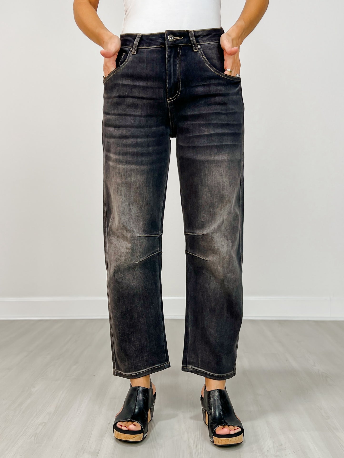 Mica Super High Hidden Button Barrel Black Jeans