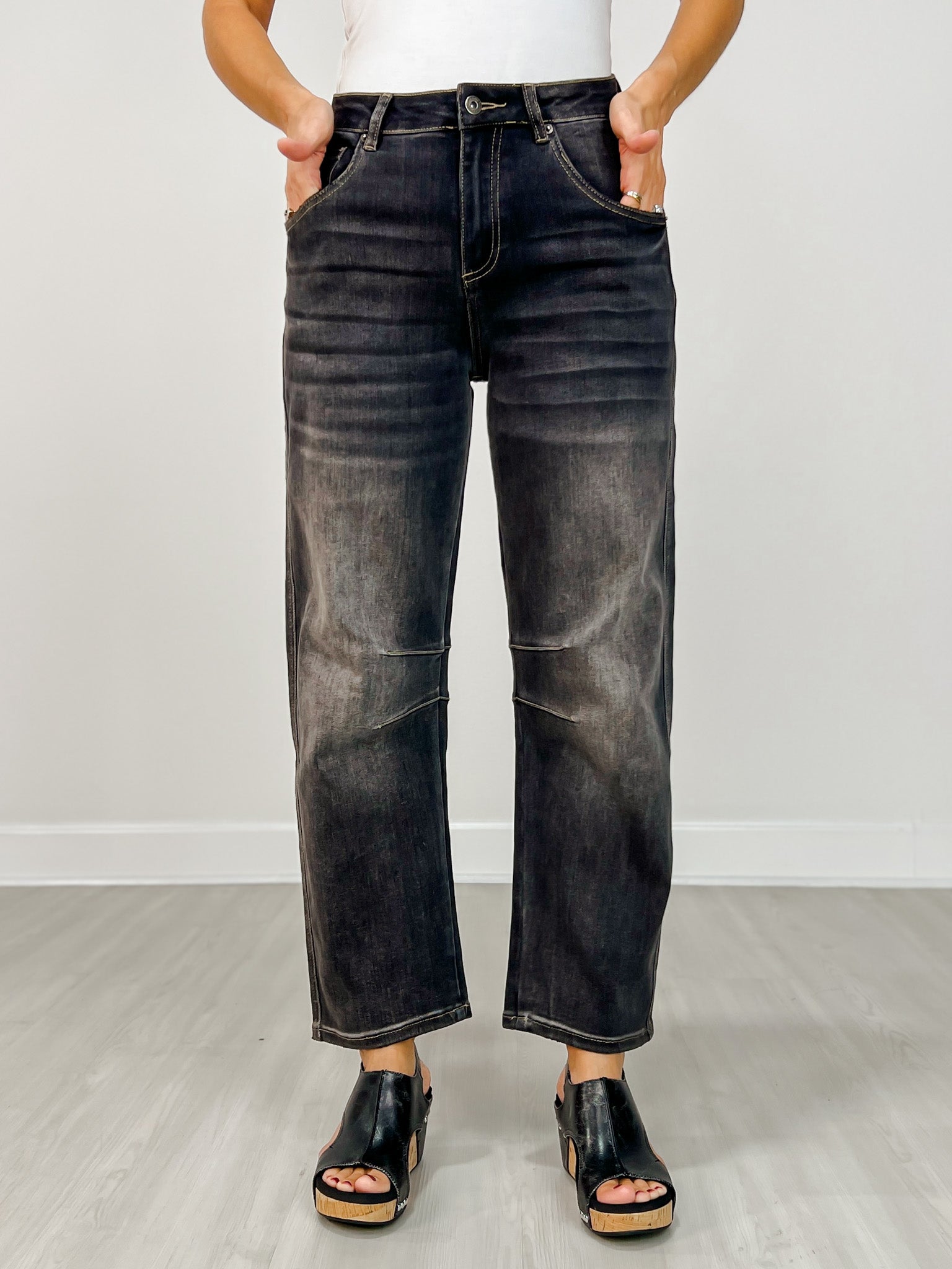 Mica Super High Hidden Button Barrel Black Jeans