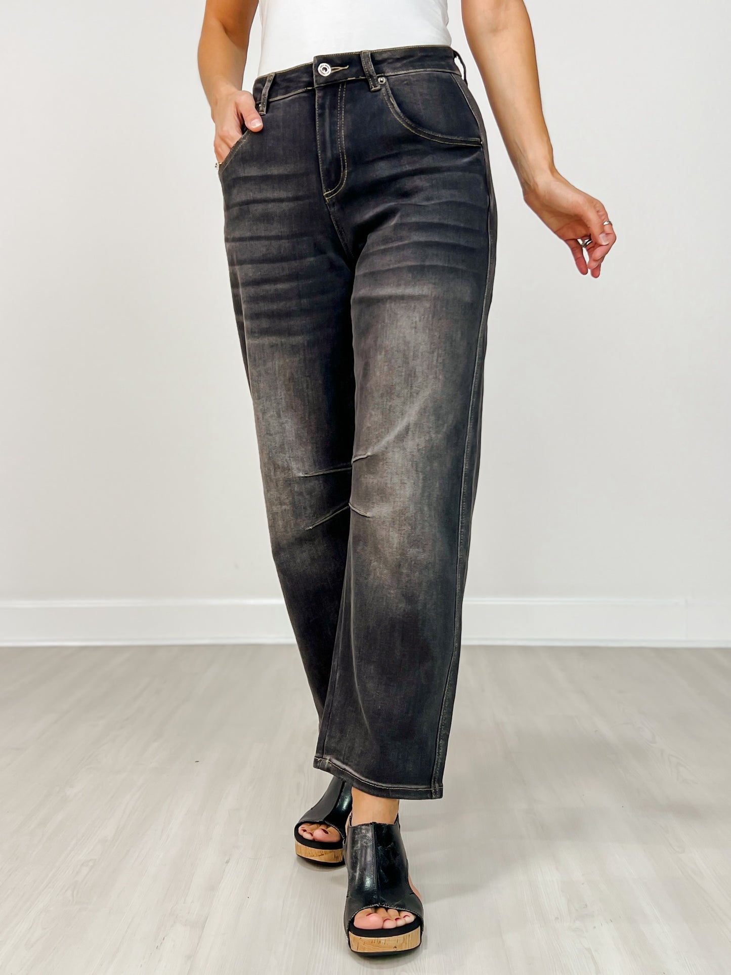 Mica Super High Hidden Button Barrel Black Jeans