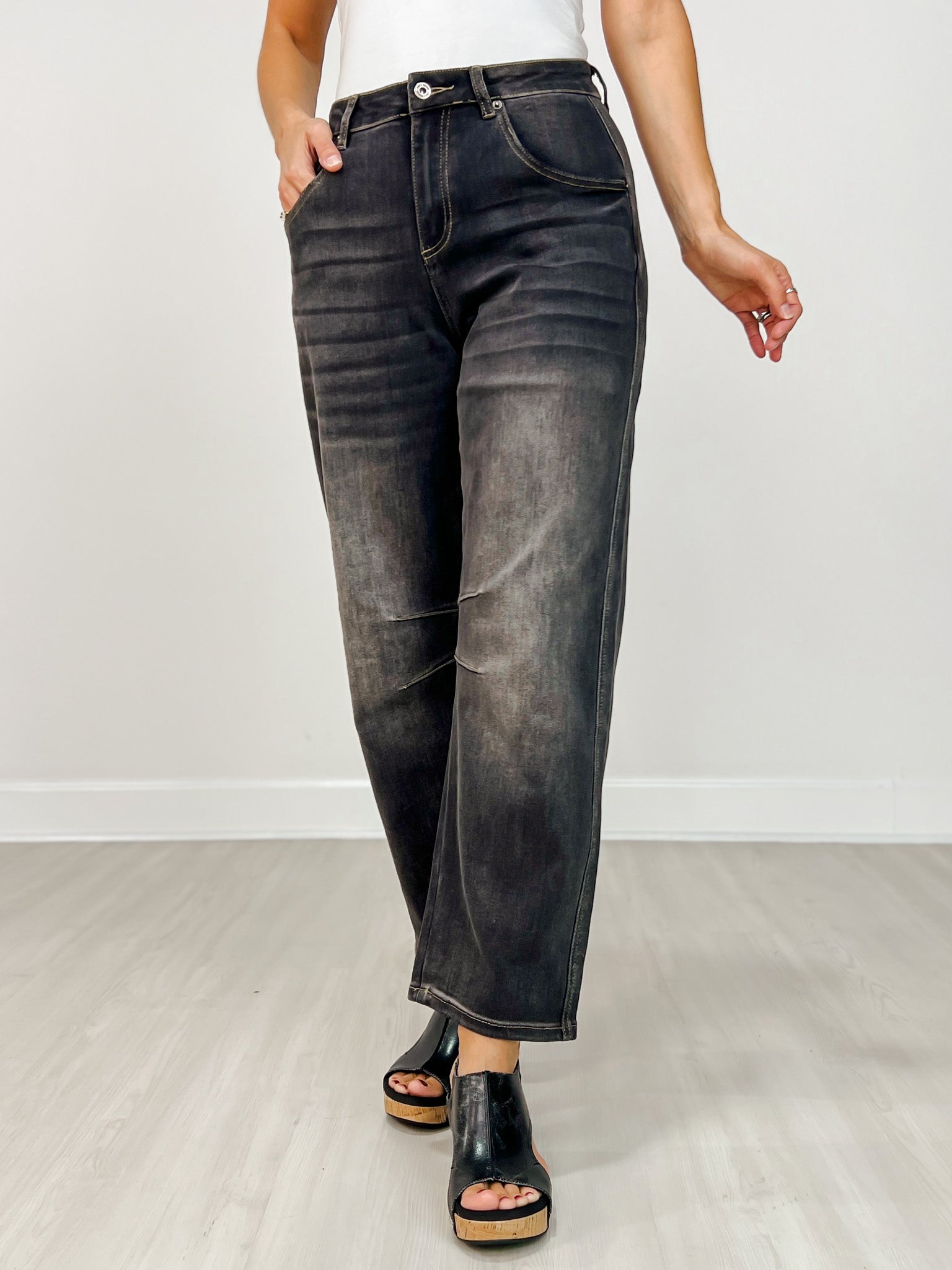 Mica Super High Hidden Button Barrel Black Jeans