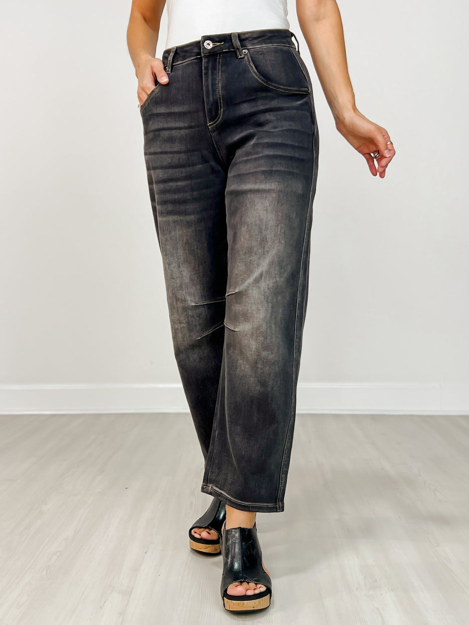 Mica Super High Hidden Button Barrel Black Jeans