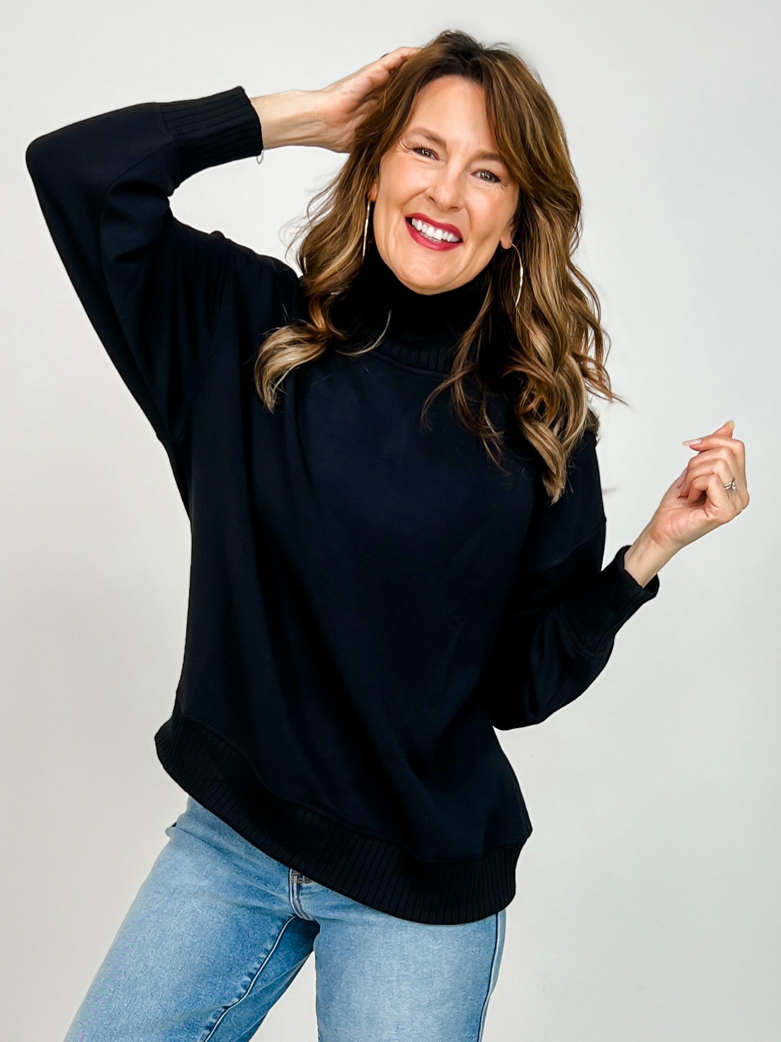 Modal Scuba Ribbed Mock Neck Pullover in Black