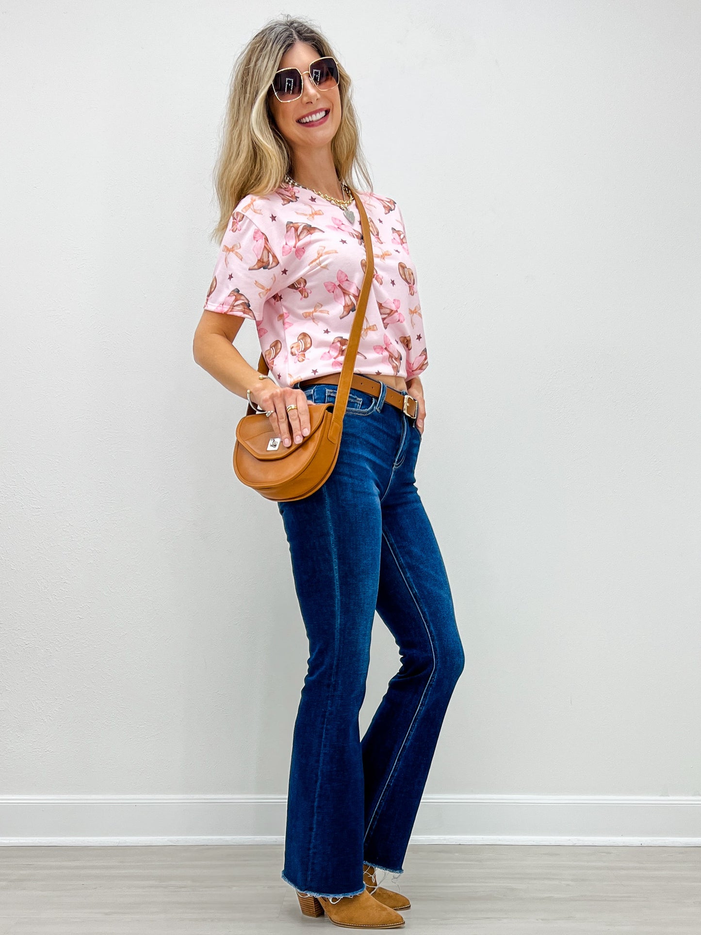 Western Boots Bow Print Short Sleeve Top