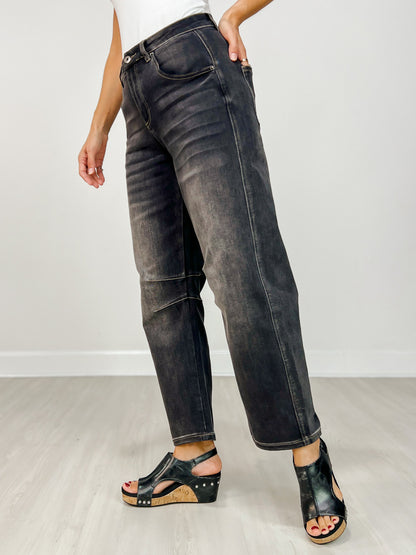 Mica Super High Hidden Button Barrel Black Jeans