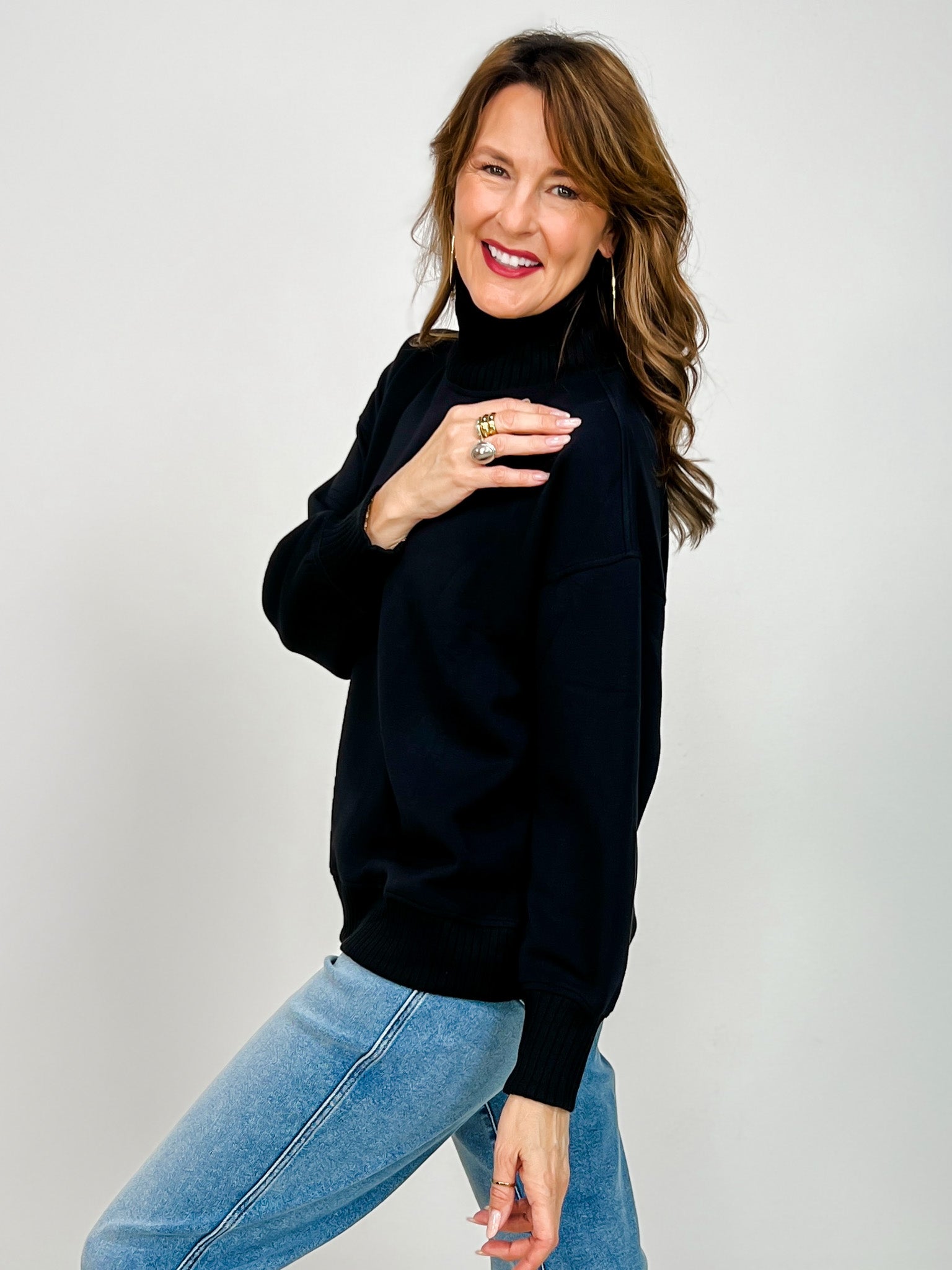 Modal Scuba Ribbed Mock Neck Pullover in Black