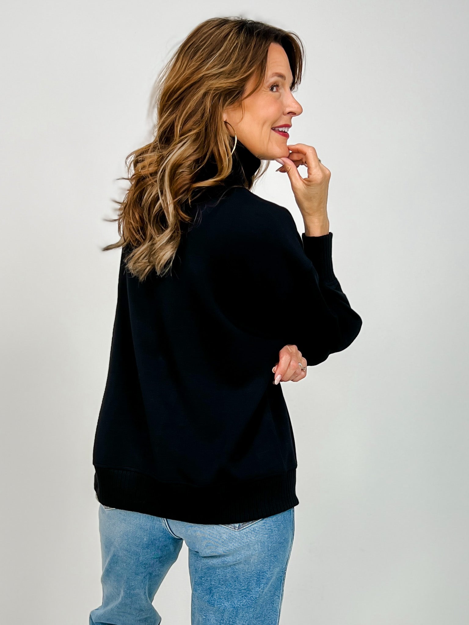 Modal Scuba Ribbed Mock Neck Pullover in Black