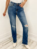 The Madison High Waist Distressed Knee and Fray Hem Straight Jean