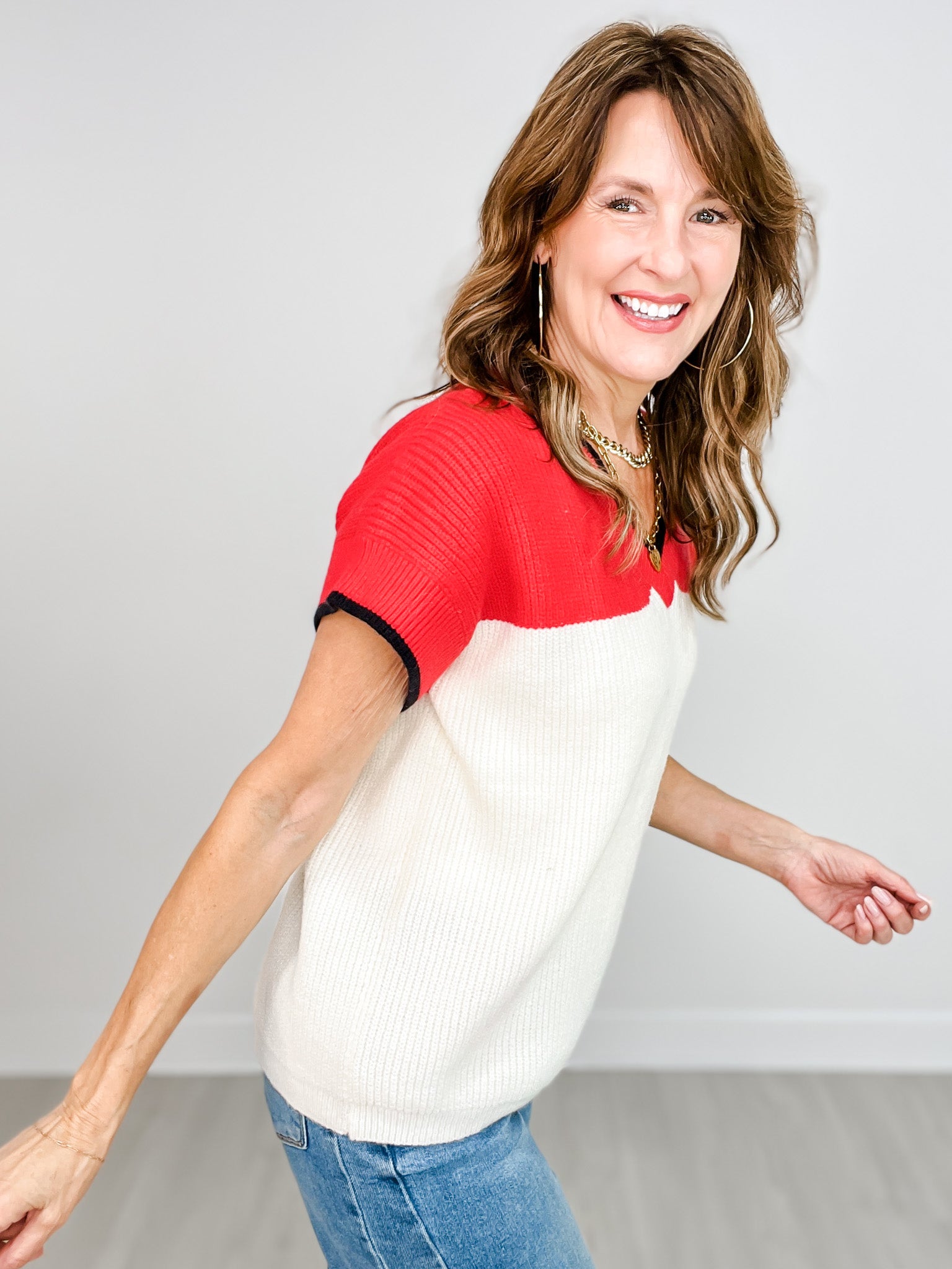 Contrast Color Block V-Neck Sweater Top