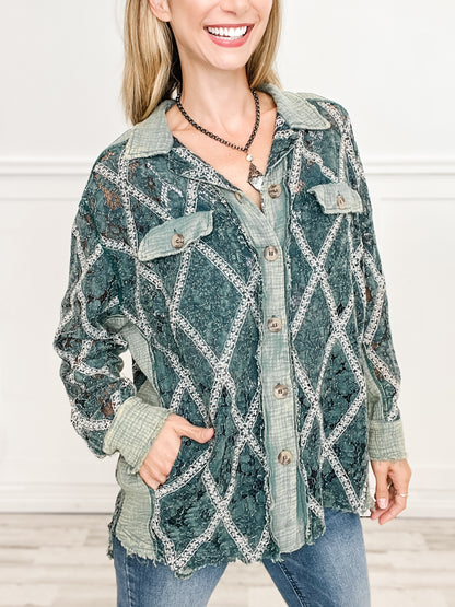 Long Sleeve Vintage Wash Lace Button Front Top