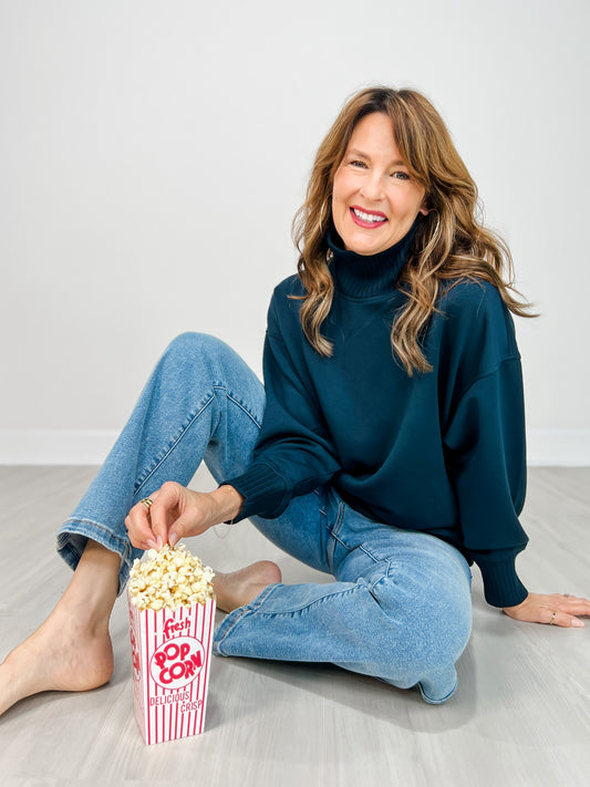 Modal Scuba Ribbed Mock Neck Pullover in Teal Navy