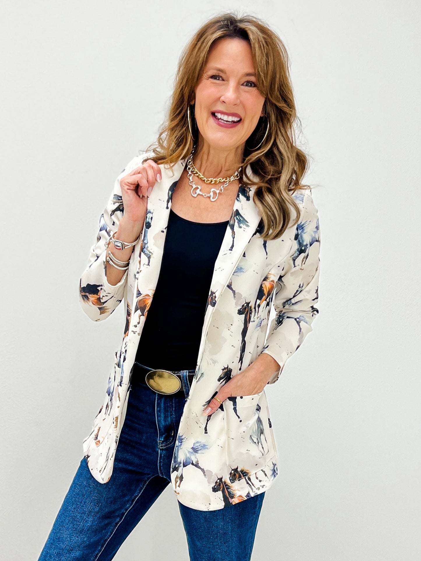 Western Horse Print Woven Blazer with Pocket