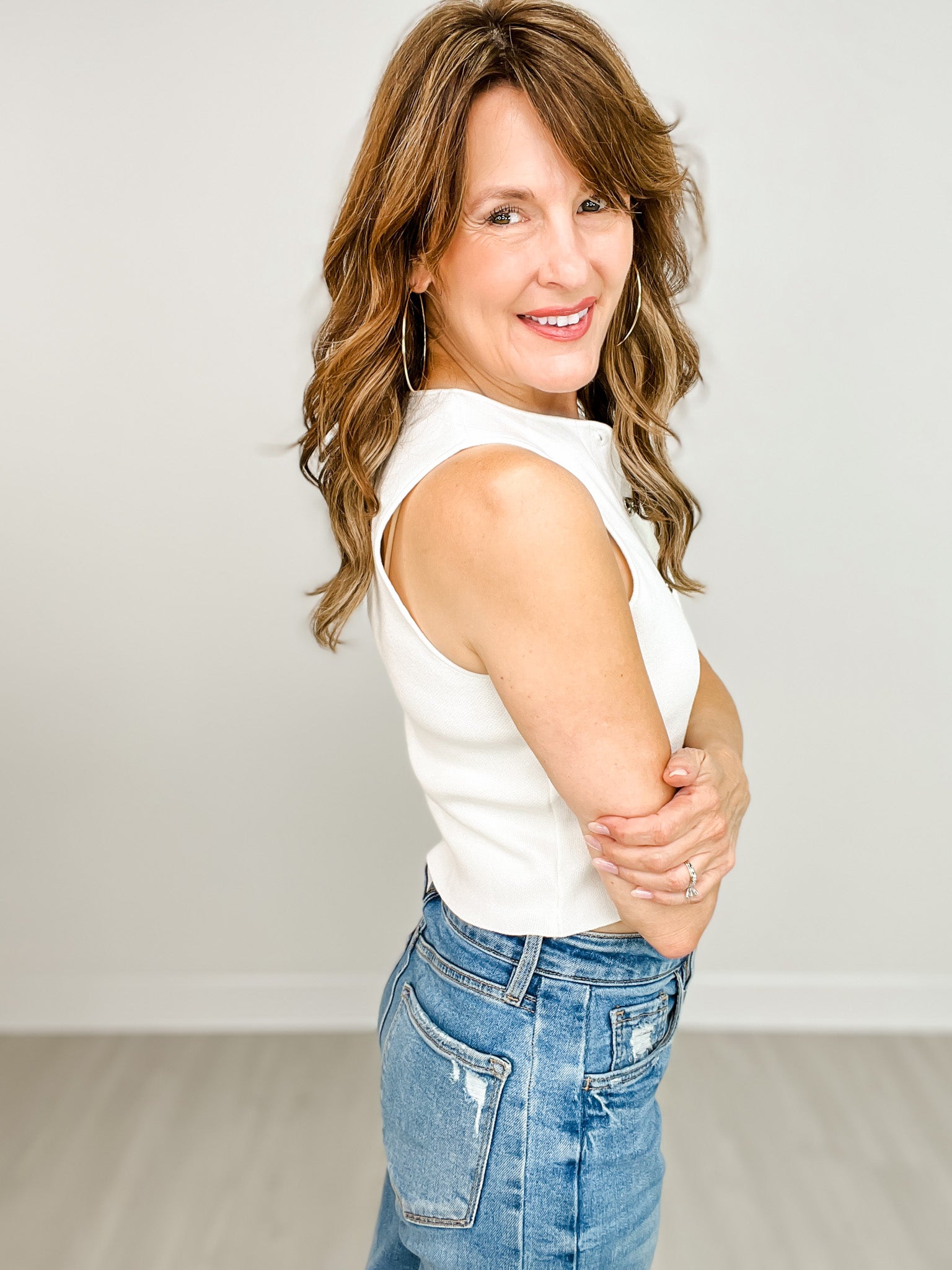 Knit Sweater Crop Vest Top With Metal Buttons