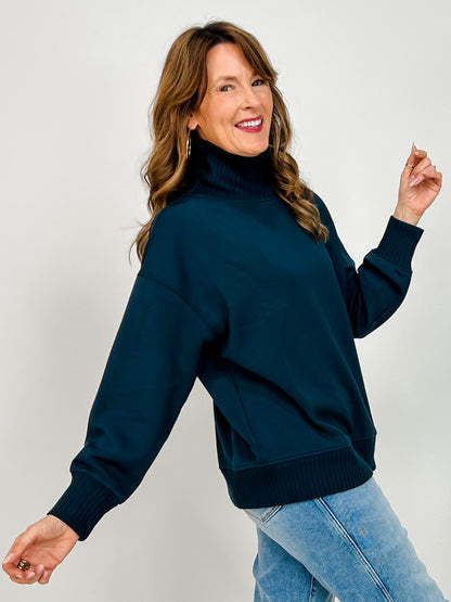 Modal Scuba Ribbed Mock Neck Pullover in Teal Navy