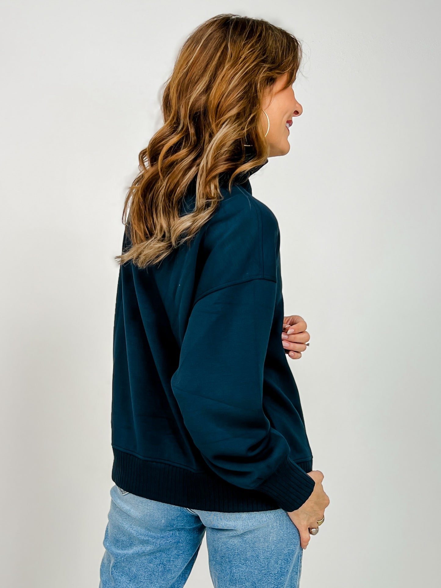 Modal Scuba Ribbed Mock Neck Pullover in Teal Navy