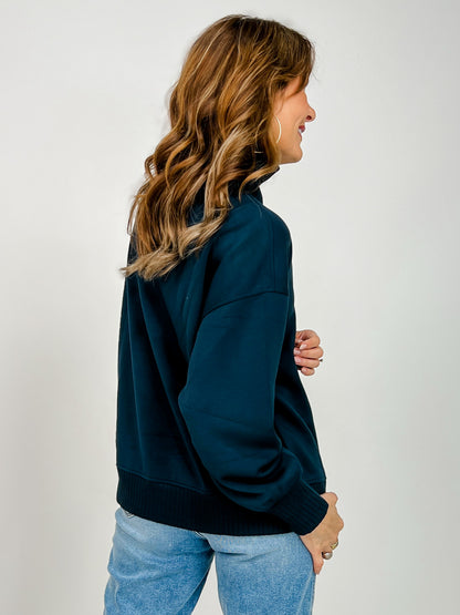 Modal Scuba Ribbed Mock Neck Pullover in Teal Navy