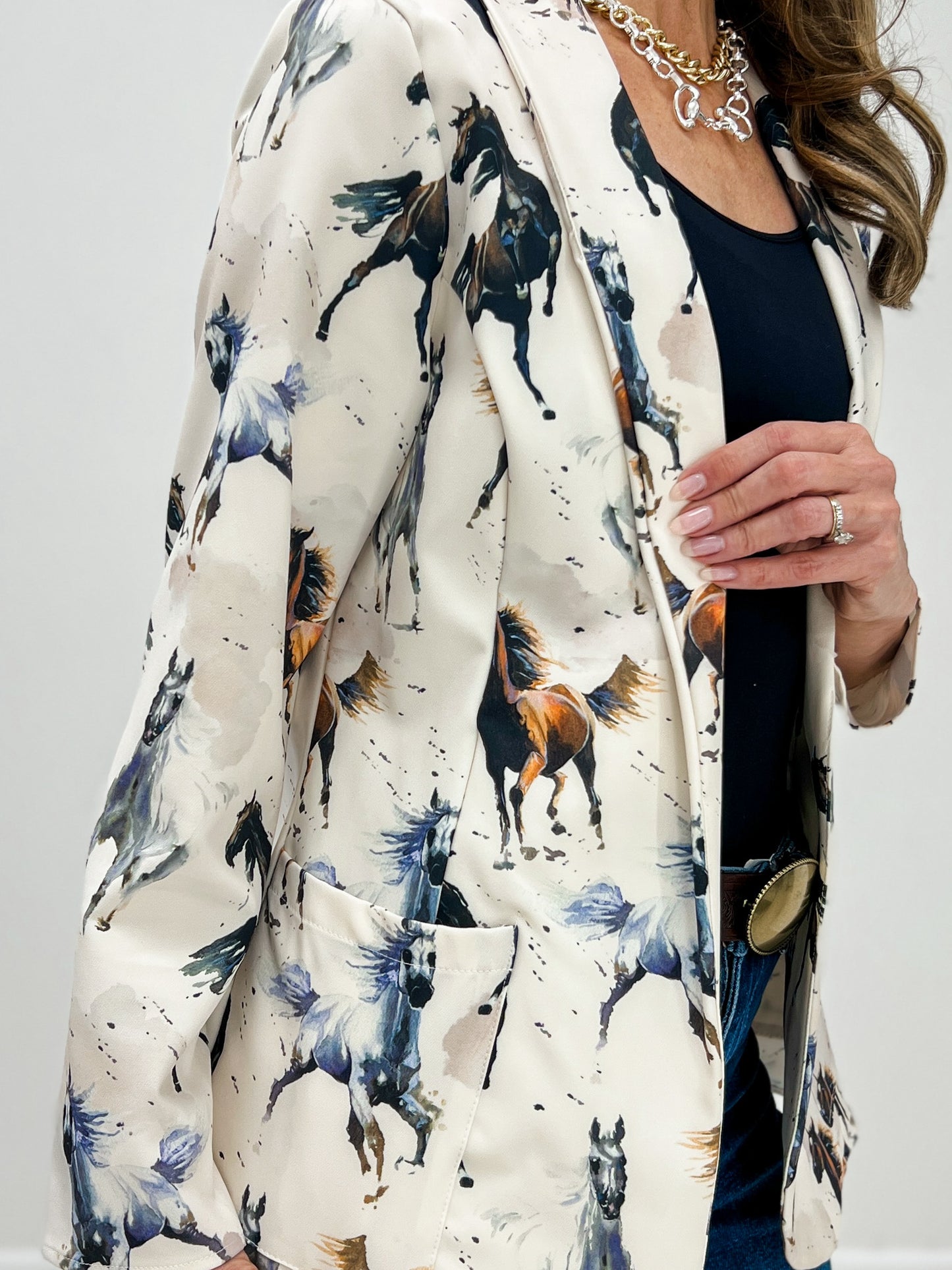 Western Horse Print Woven Blazer with Pocket