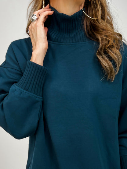 Modal Scuba Ribbed Mock Neck Pullover in Teal Navy