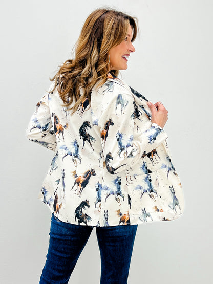 Western Horse Print Woven Blazer with Pocket