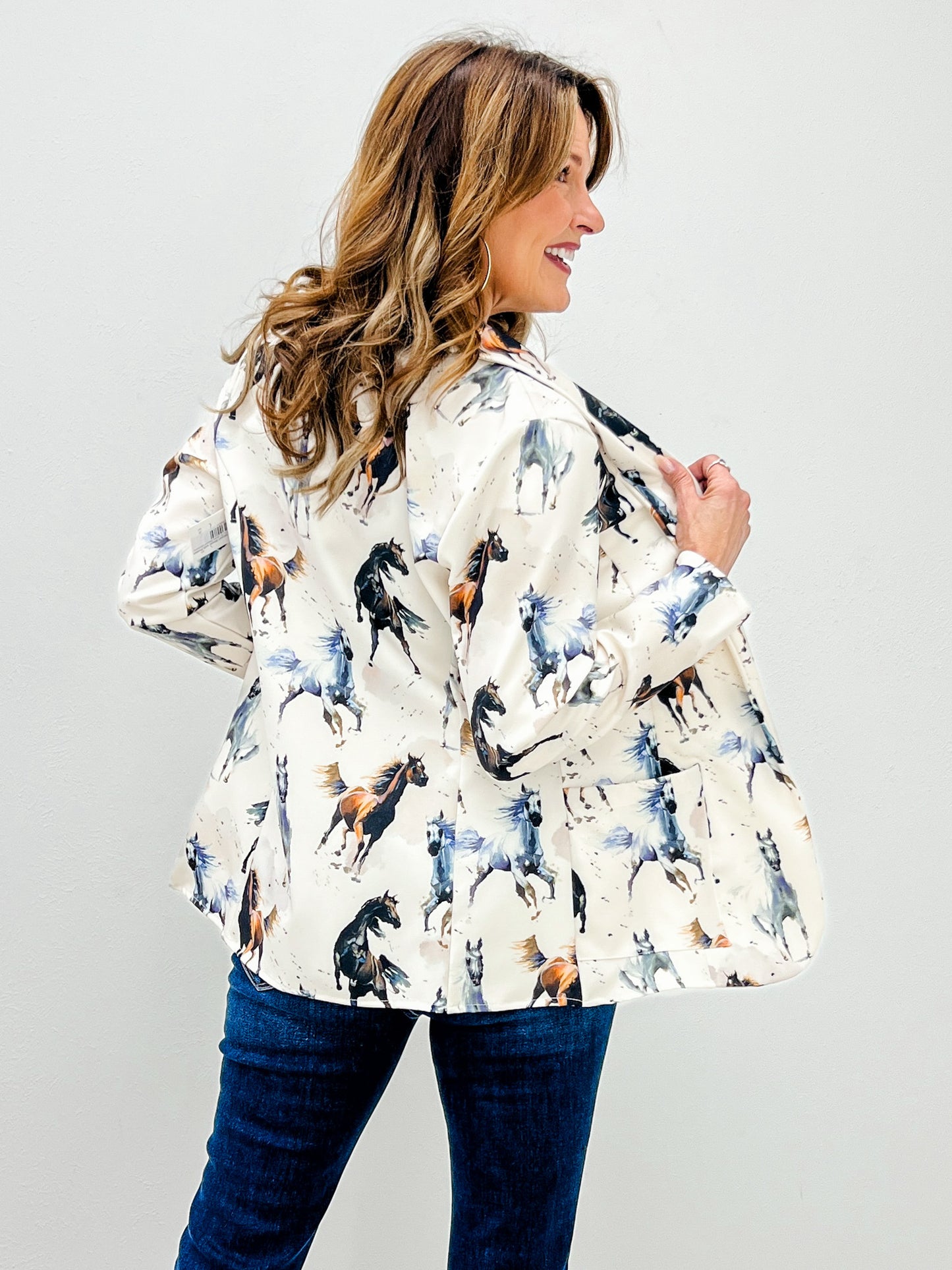 Western Horse Print Woven Blazer with Pocket