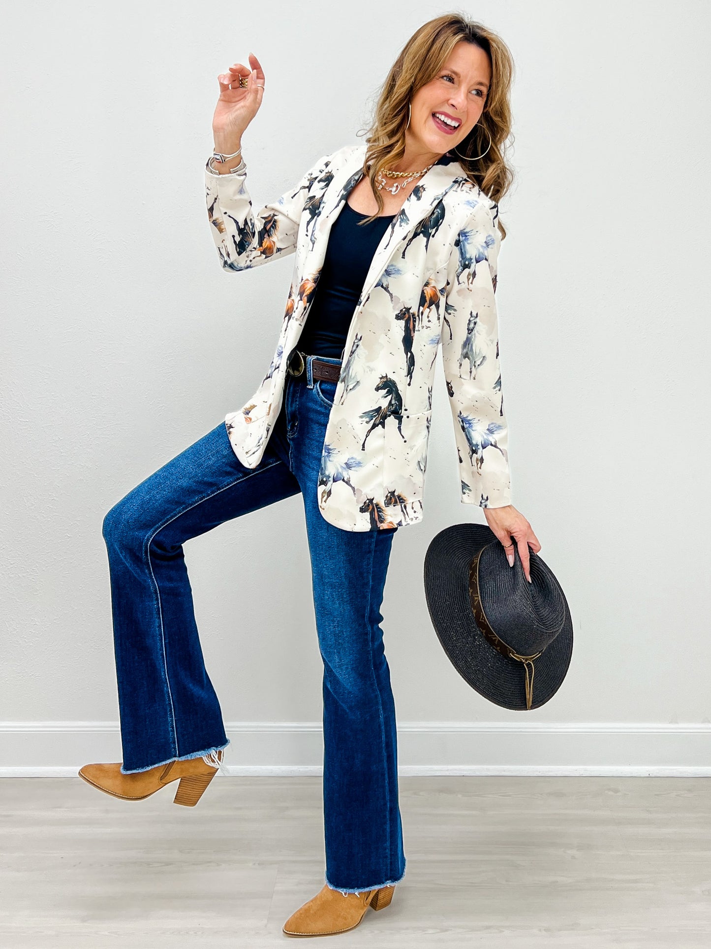 Western Horse Print Woven Blazer with Pocket