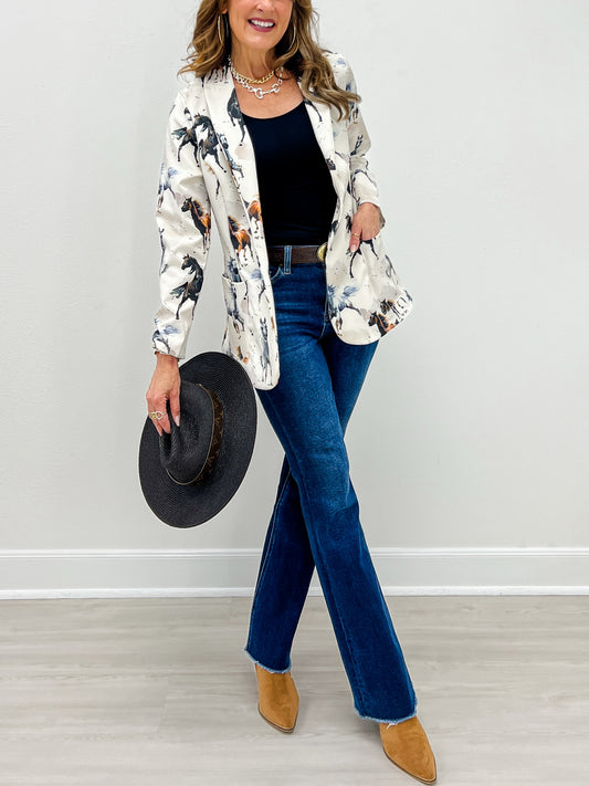 Western Horse Print Woven Blazer with Pocket