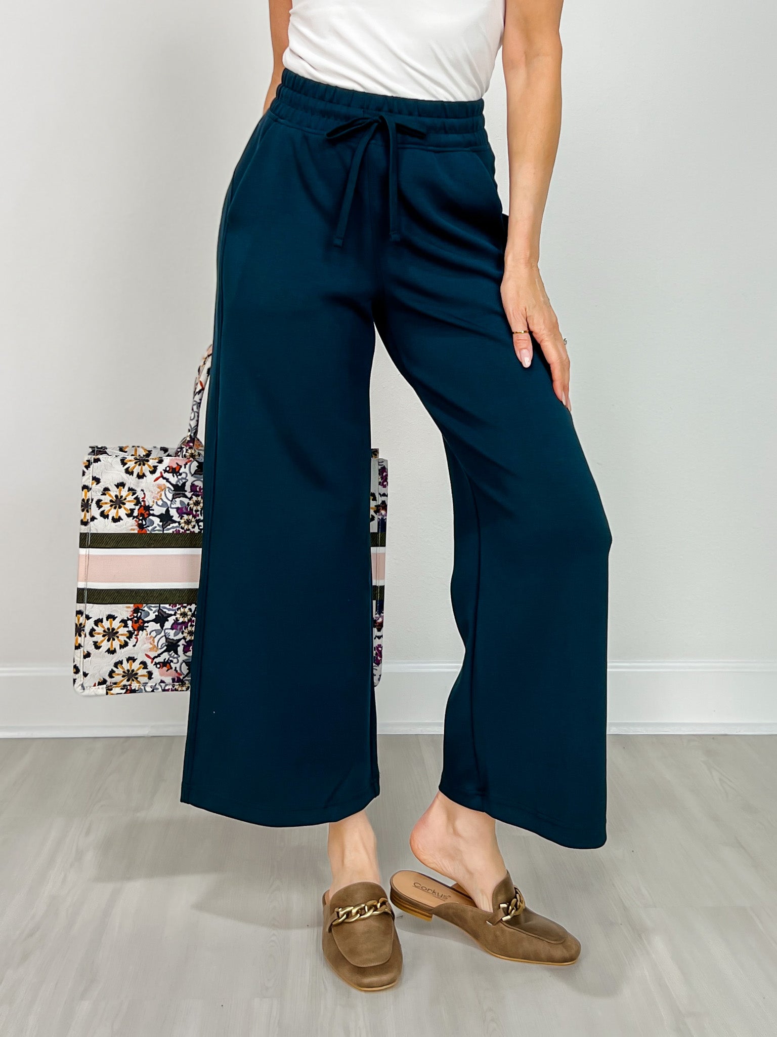 Modal Scuba Cropped Wide Pant in Teal Navy