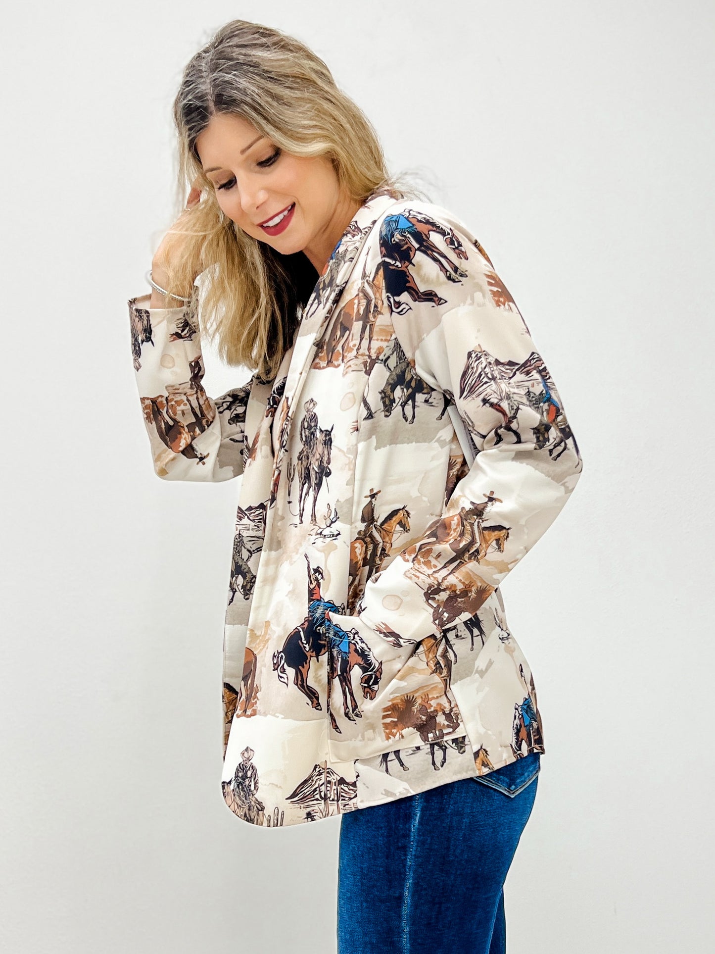 Western Cowboy Print Woven Blazer with Pocket
