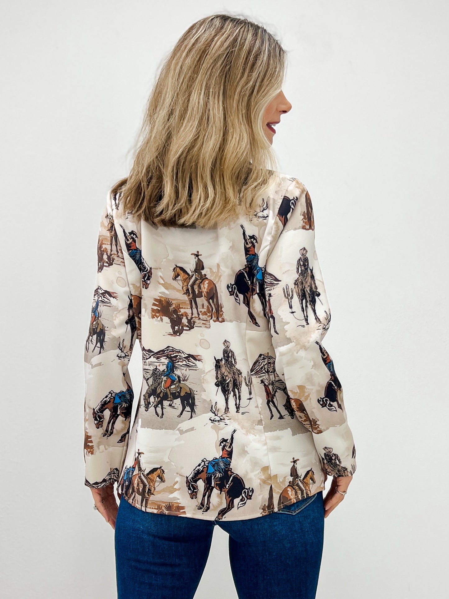 Western Cowboy Print Woven Blazer with Pocket